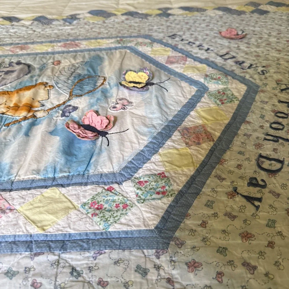 Vintage Classic Winnie the Pooh Twin Quilt Blanket Embroidered Butterfly